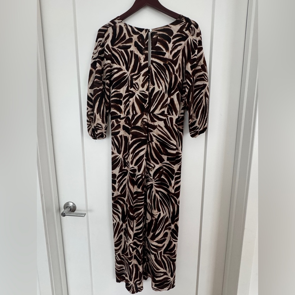 Mango Brown and Cream Leaf-Print Midi Dress - Picture 9 of 13